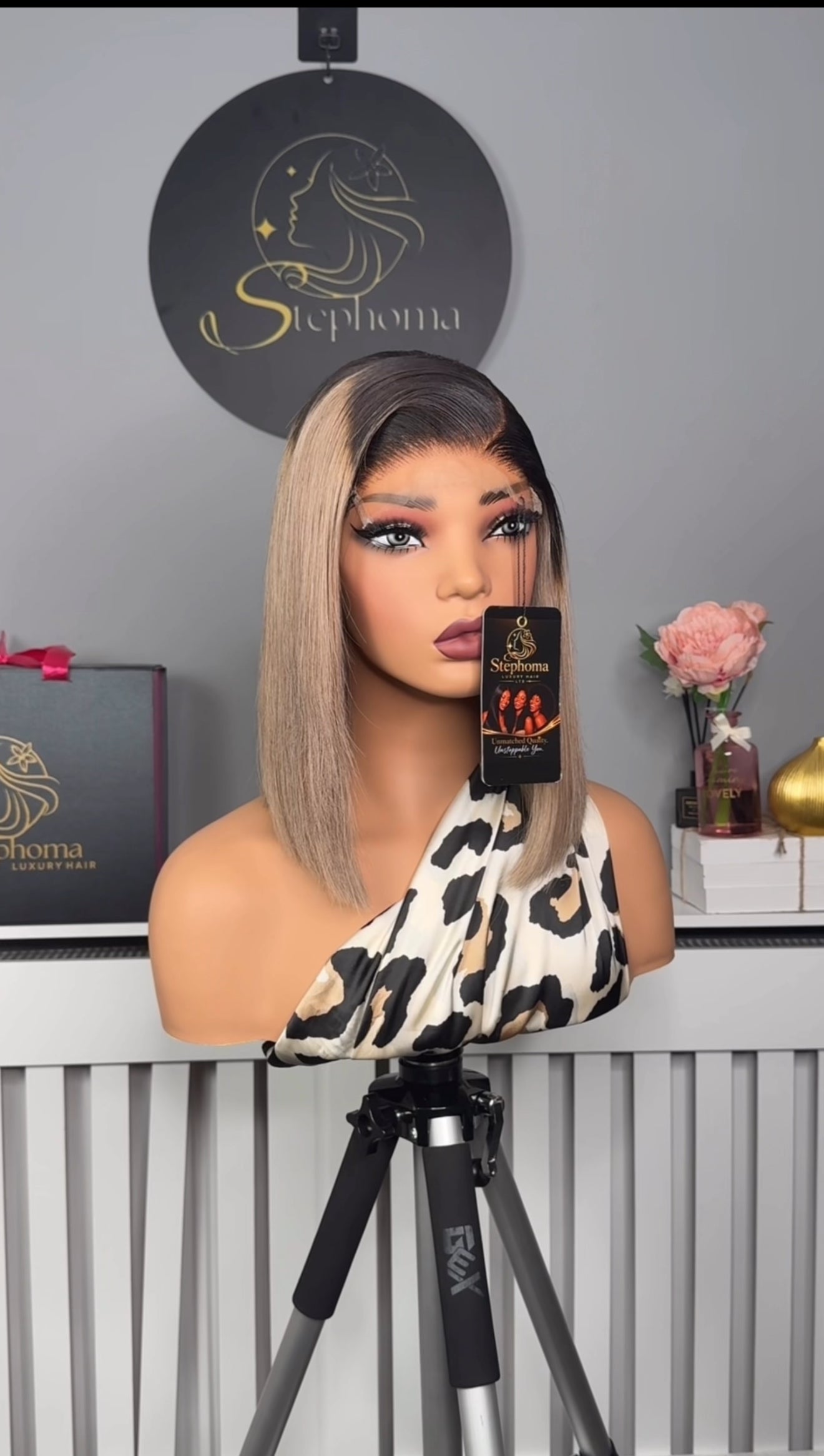 12” SDD Mallory Bob wig in Dirty Grey with Dark Root paired with 5by5 Closure