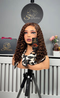 16” Iris Curly with 5by5 Lace Closure in Brown with Golden Highlights