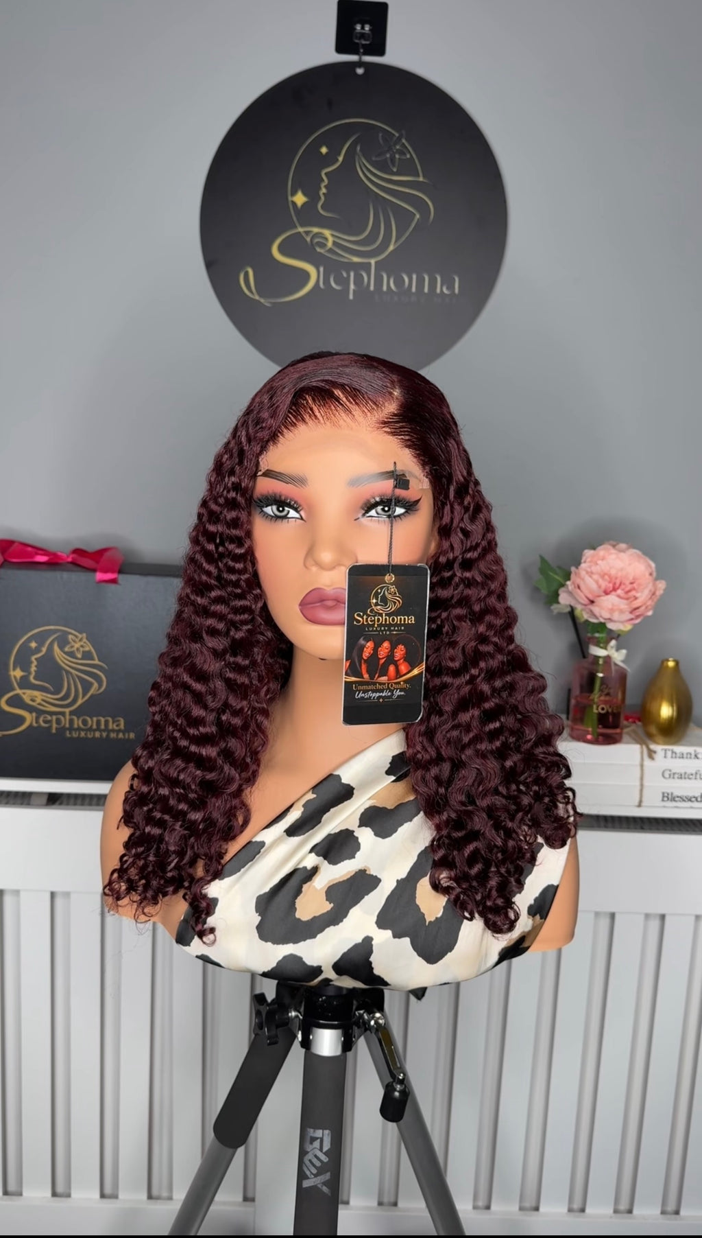 18” Iris Curly with 5by5 Closure in Burgundy