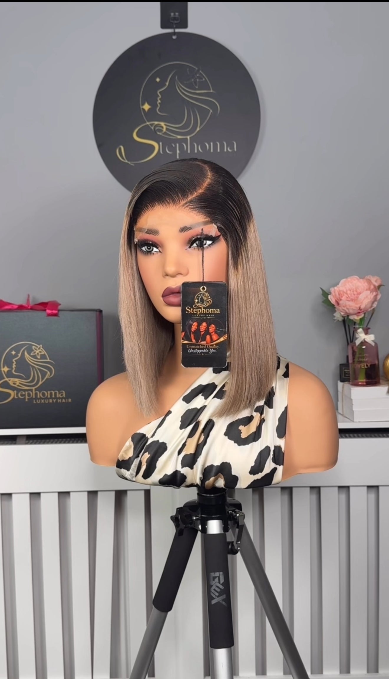 12” SDD Mallory Bob wig in Dirty Grey with Dark Root paired with 5by5 Closure