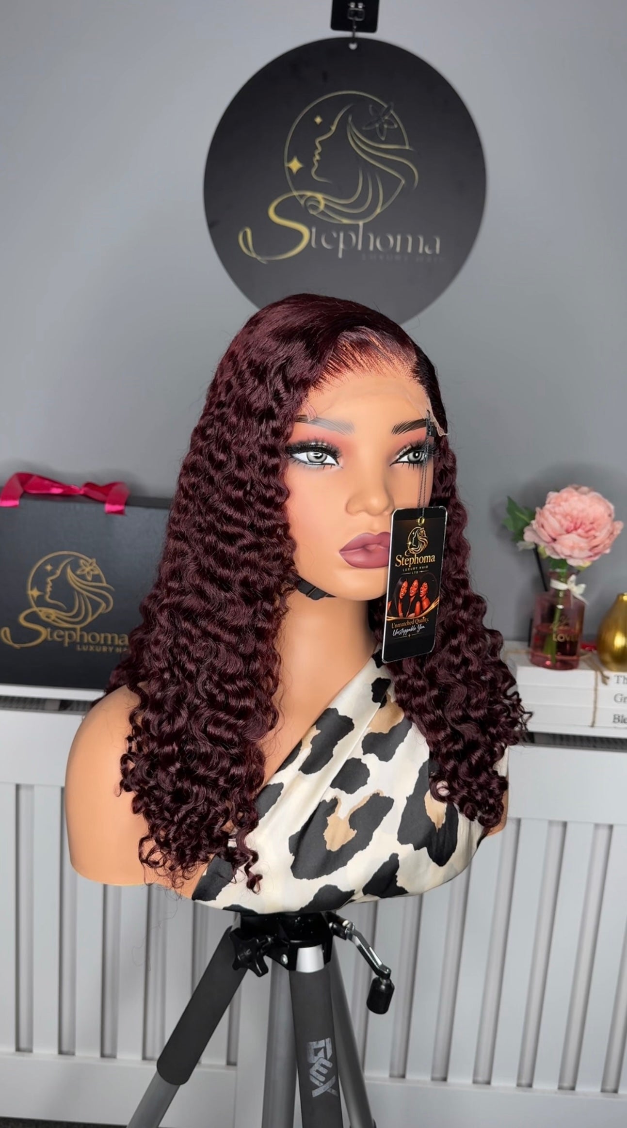 18” Iris Curly with 5by5 Closure in Burgundy