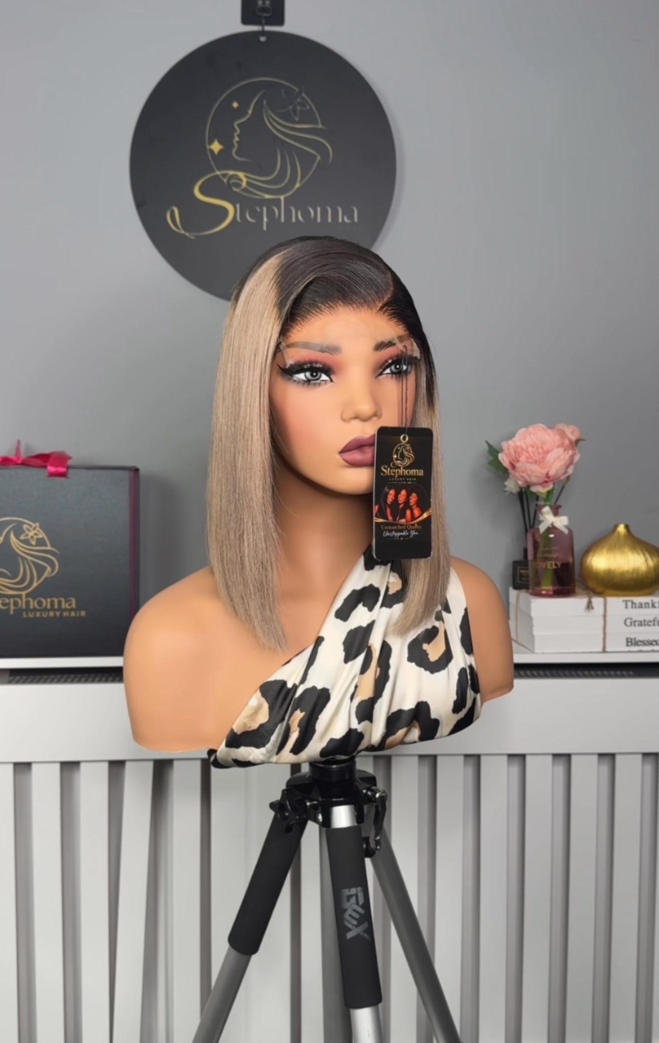 12” SDD Mallory Bob wig in Dirty Grey with Dark Root paired with 5by5 Closure
