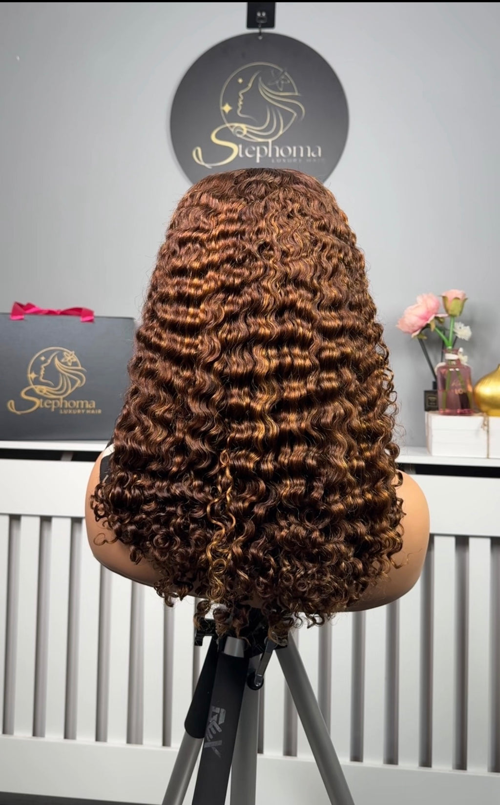 16” Iris Curly with 5by5 Lace Closure in Brown with Golden Highlights