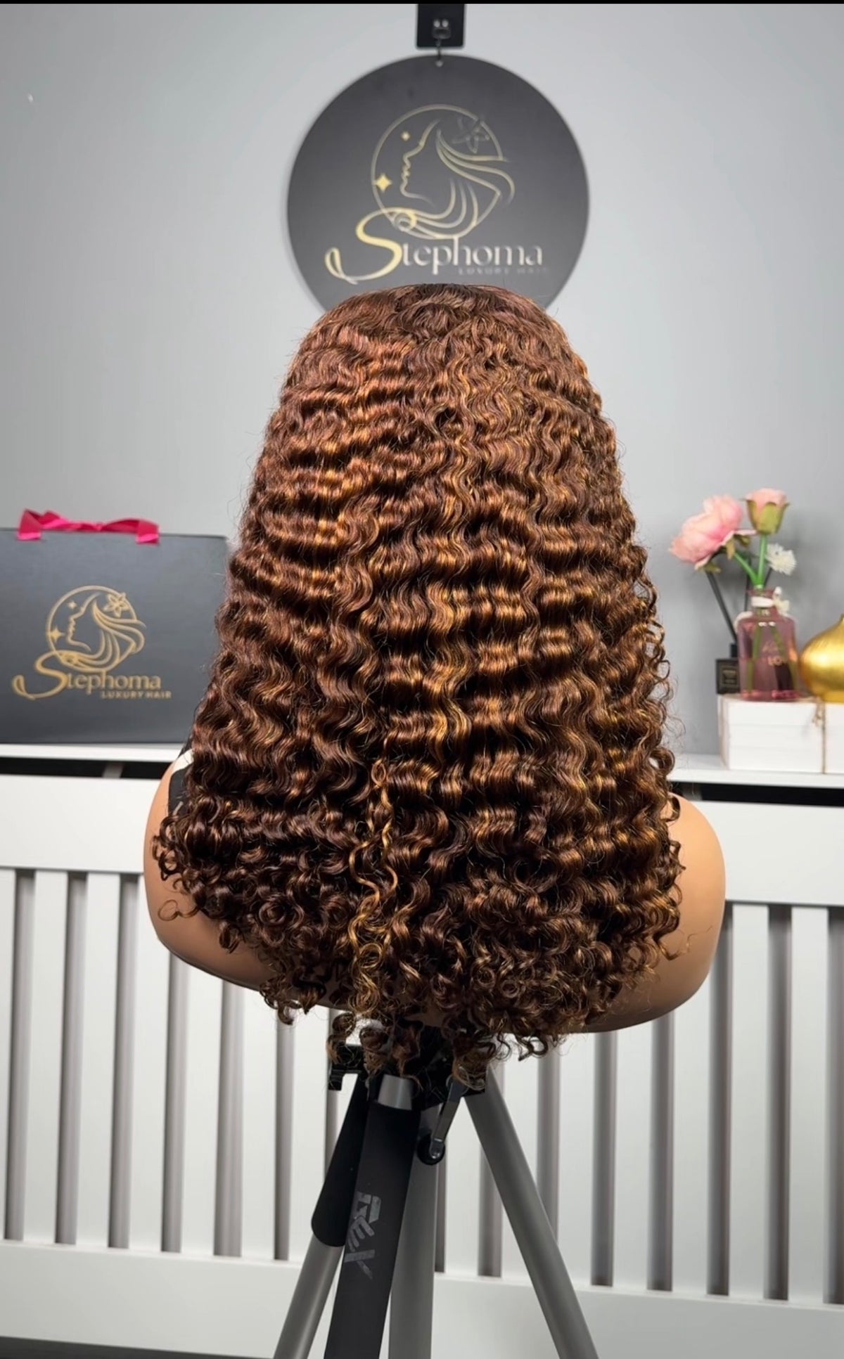 16” Iris Curly with 5by5 Lace Closure in Brown with Golden Highlights