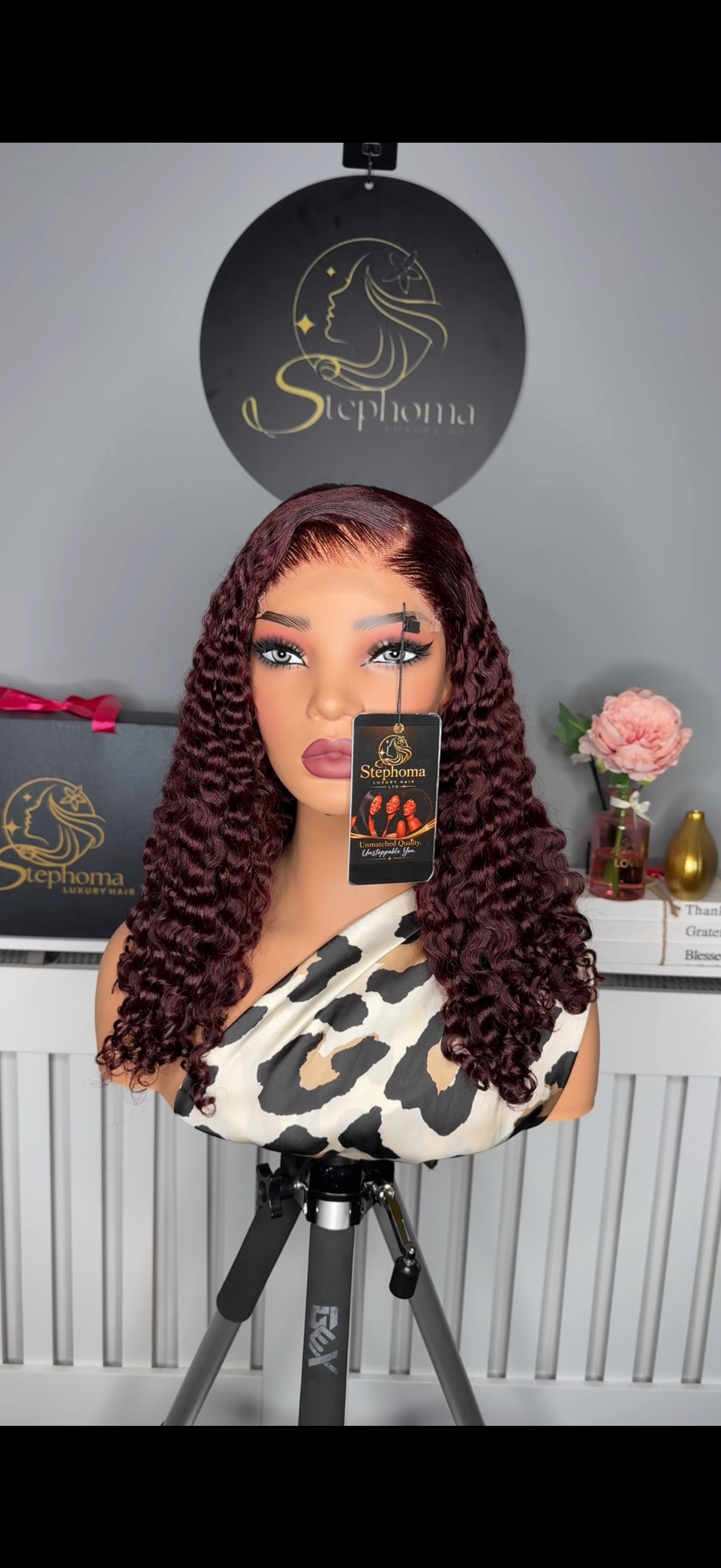 18” Iris Curly with 5by5 Closure in Burgundy