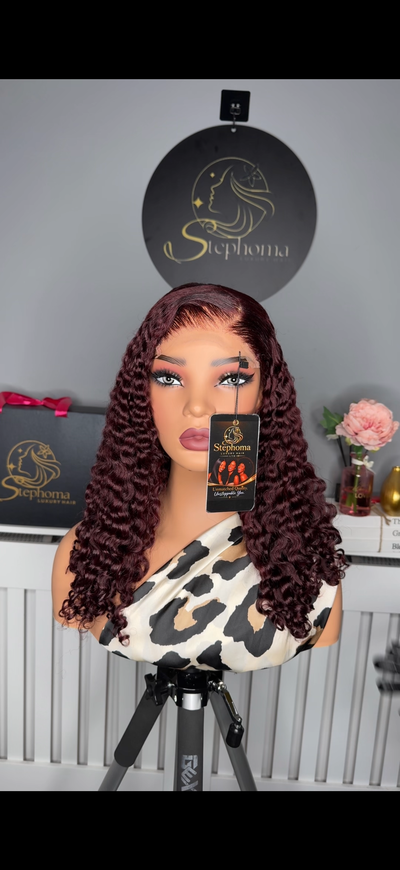 18” Iris Curly with 5by5 Closure in Burgundy