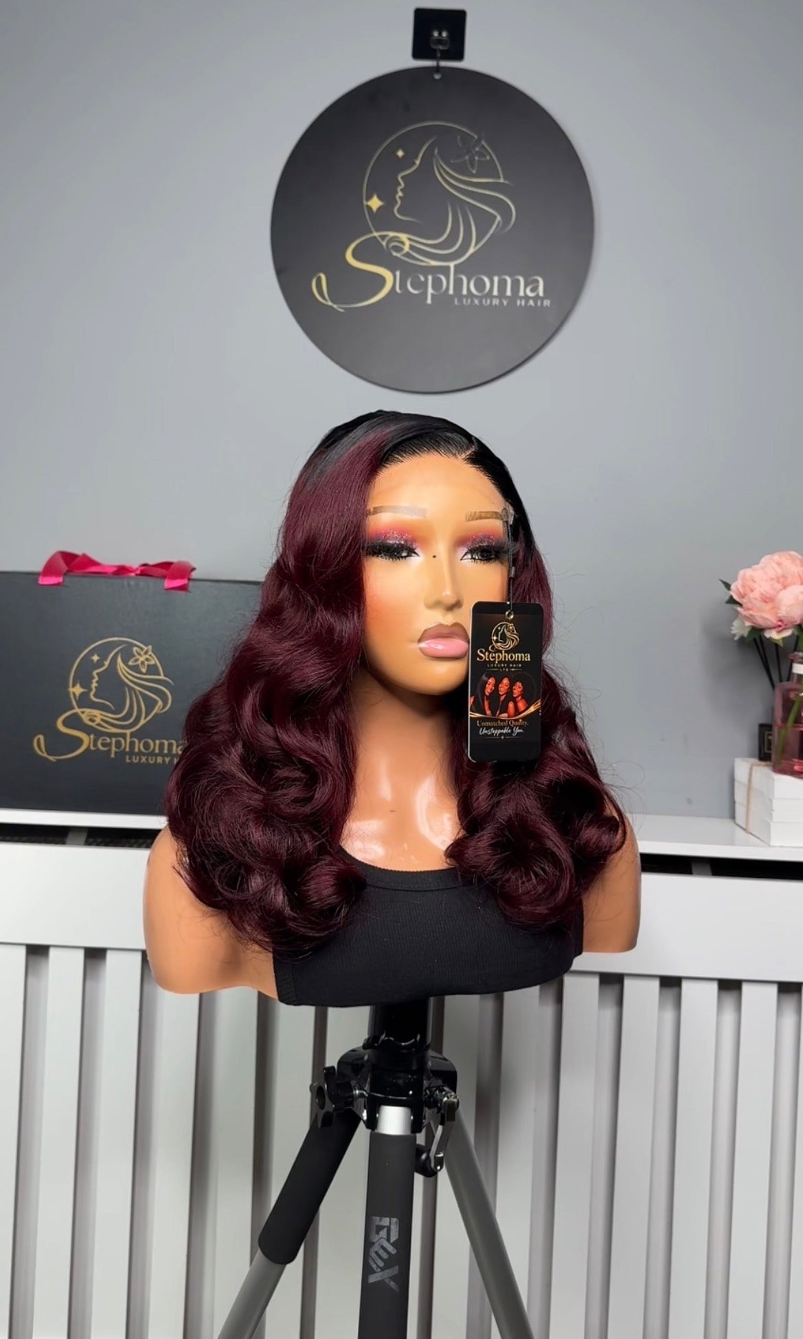 18” Luxe Wavy Bounce with 5by5 Closure in Burgundy with Dark Root