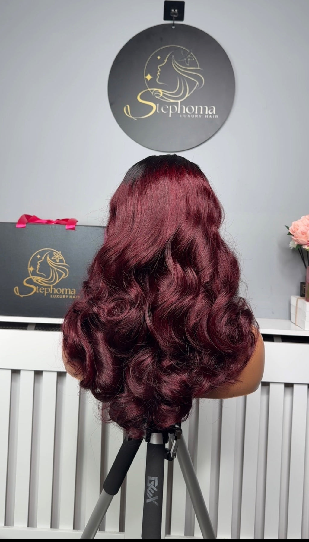 18” Luxe Wavy Bounce with 5by5 Closure in Burgundy with Dark Root