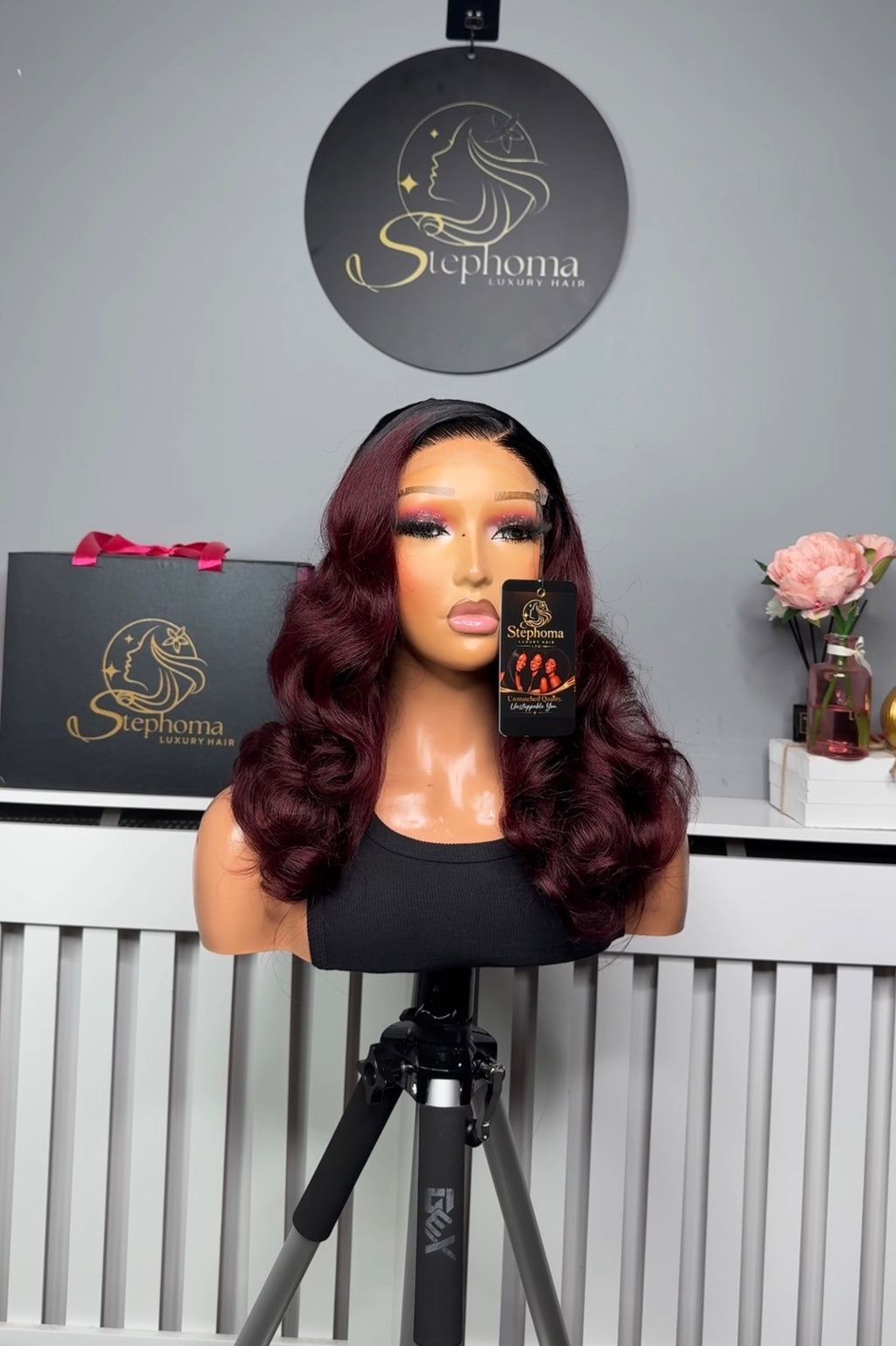 18” Luxe Wavy Bounce with 5by5 Closure in Burgundy with Dark Root