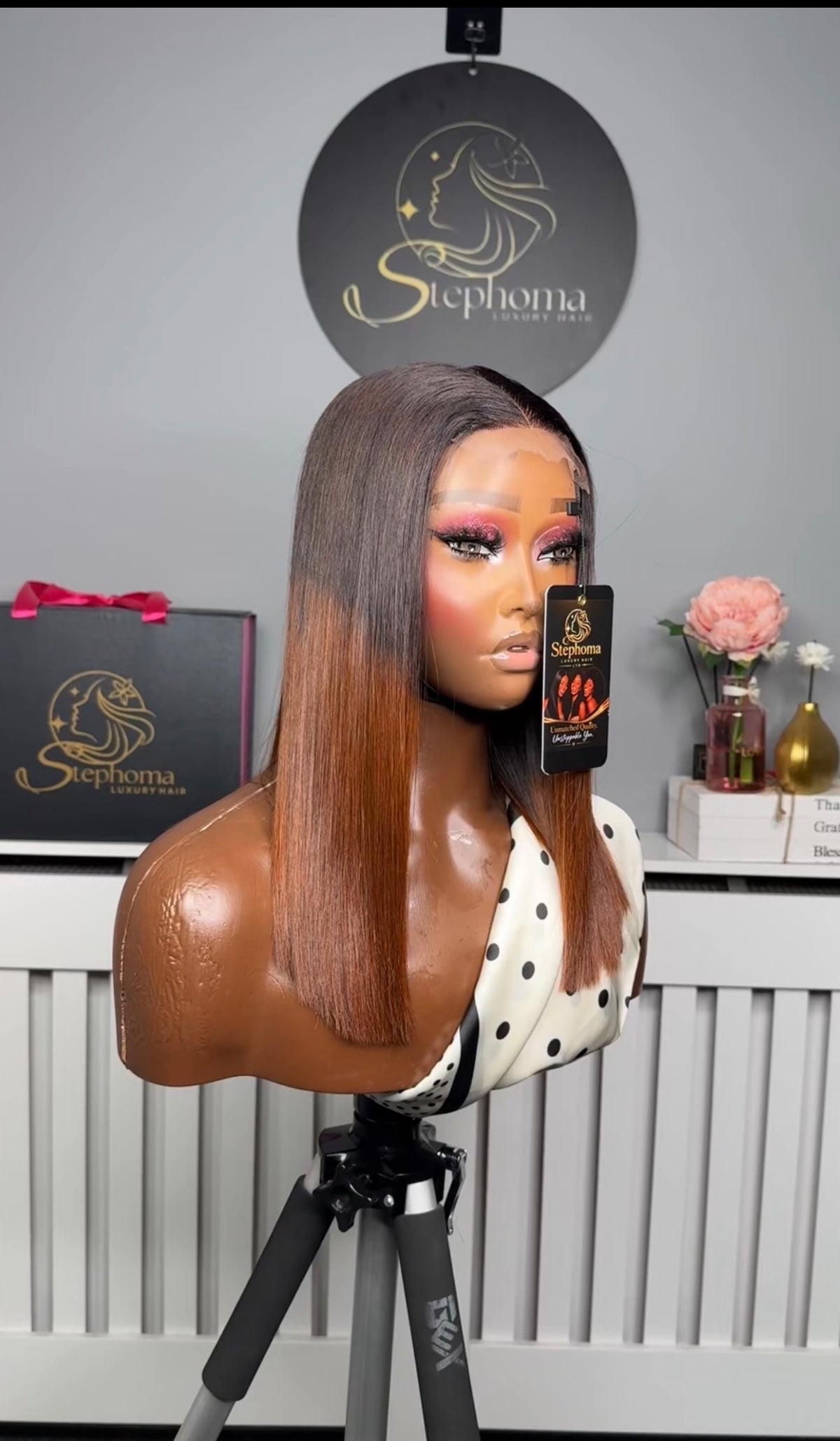 14” Luxe Donor Bone Straight in Brown Ombré/Tip paired with 2by6 Closure