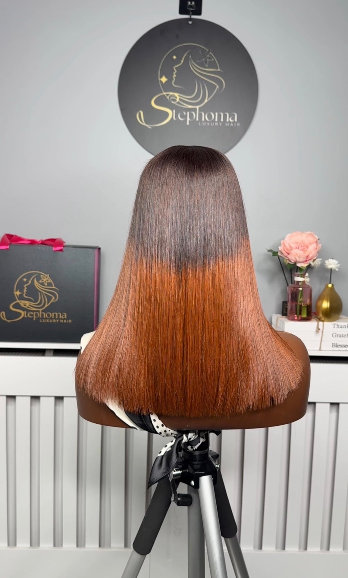 14” Luxe Donor Bone Straight in Brown Ombré/Tip paired with 2by6 Closure